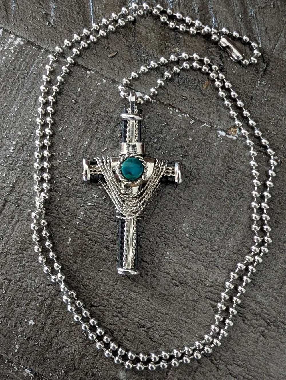Silver-Tone Men's Cross Pendant Necklace with Teal Stone